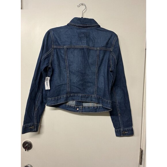 Old Navy Denim Jacket Women’s Medium Dark Indigo Cropped Button Up No Pockets - Picture 2 of 8